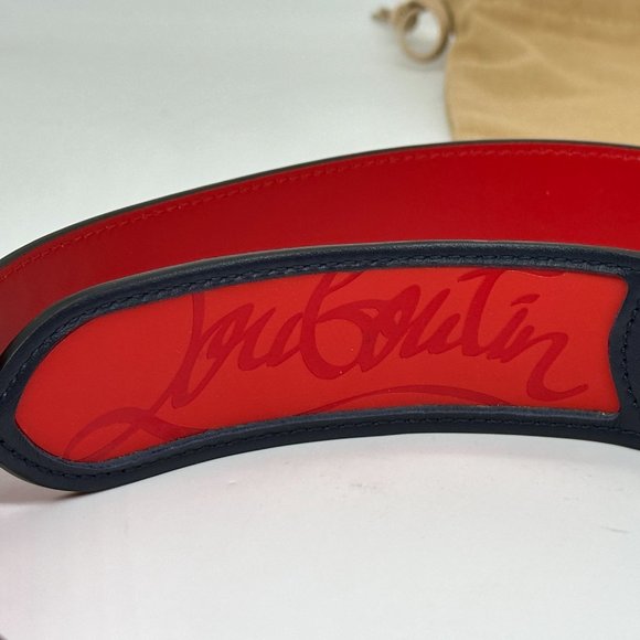 Christian Louboutin LOUBI Logo Spike Studded Leather Belt Navy Blue - Picture 3 of 10